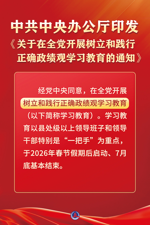 近日,中共中央办公厅印发《关于在全党开展树立和践行正确政绩观学习教育的通知》。本次学习教育以立党为公、为民造福、科学决策、真抓实干为总要求,旨在教育引导各级党组织和党员、干部坚持实事求是、求真务实,为人民出政绩、以实干出政绩。
